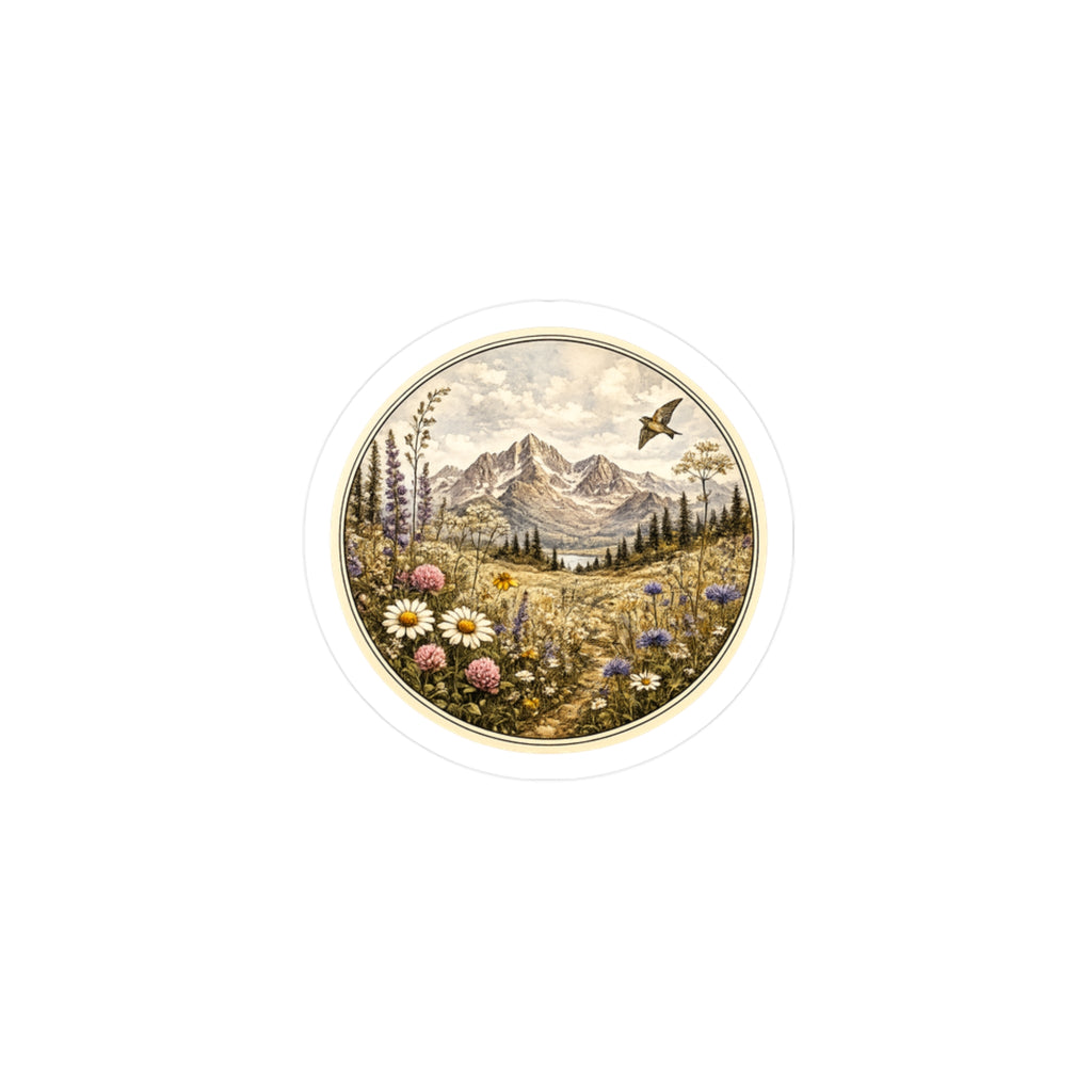 Water Resistant Vintage Meadow Mountain Sticker — Round  Kiss-Cut Scenic Sticker