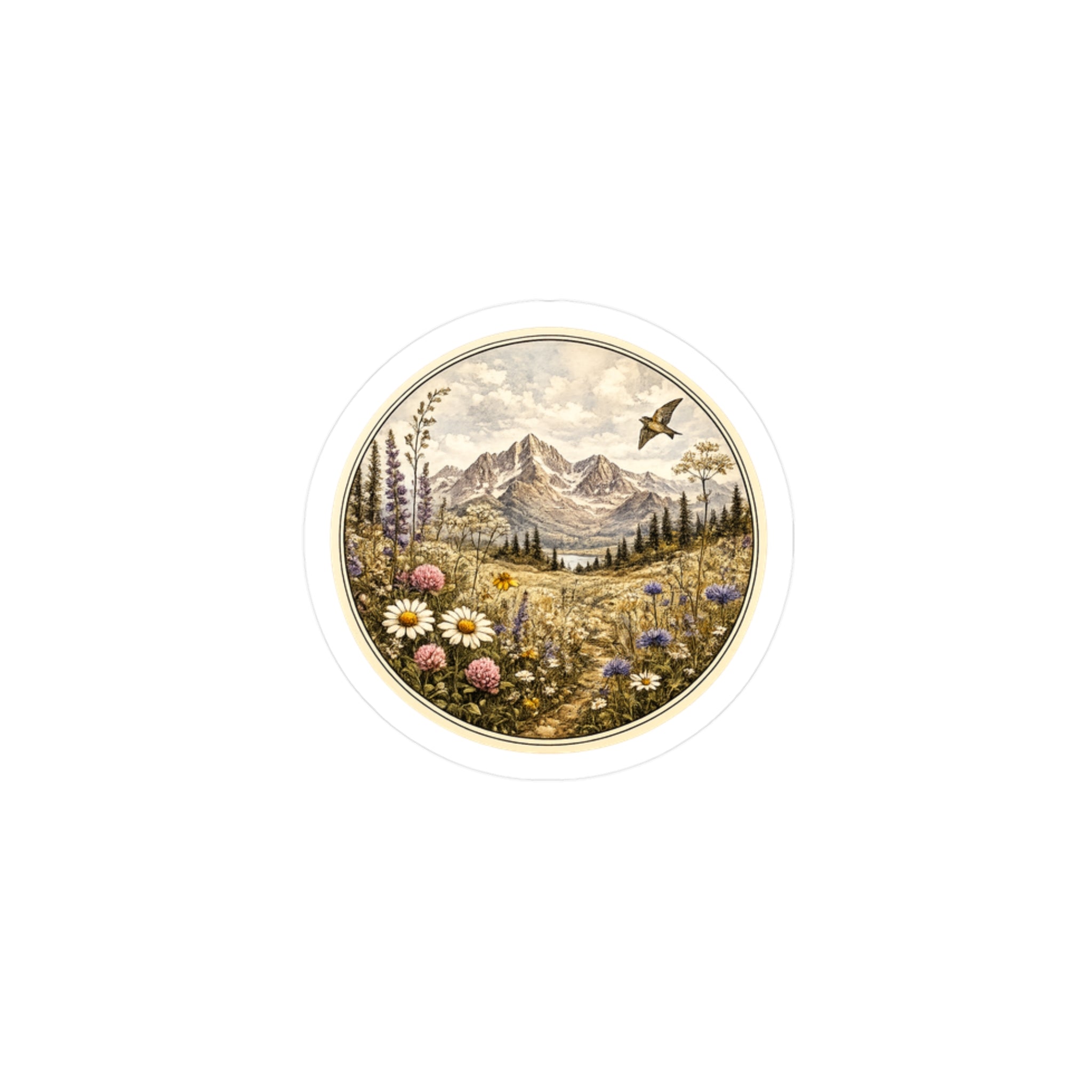 Water Resistant Vintage Meadow Mountain Sticker — Round  Kiss-Cut Scenic Sticker