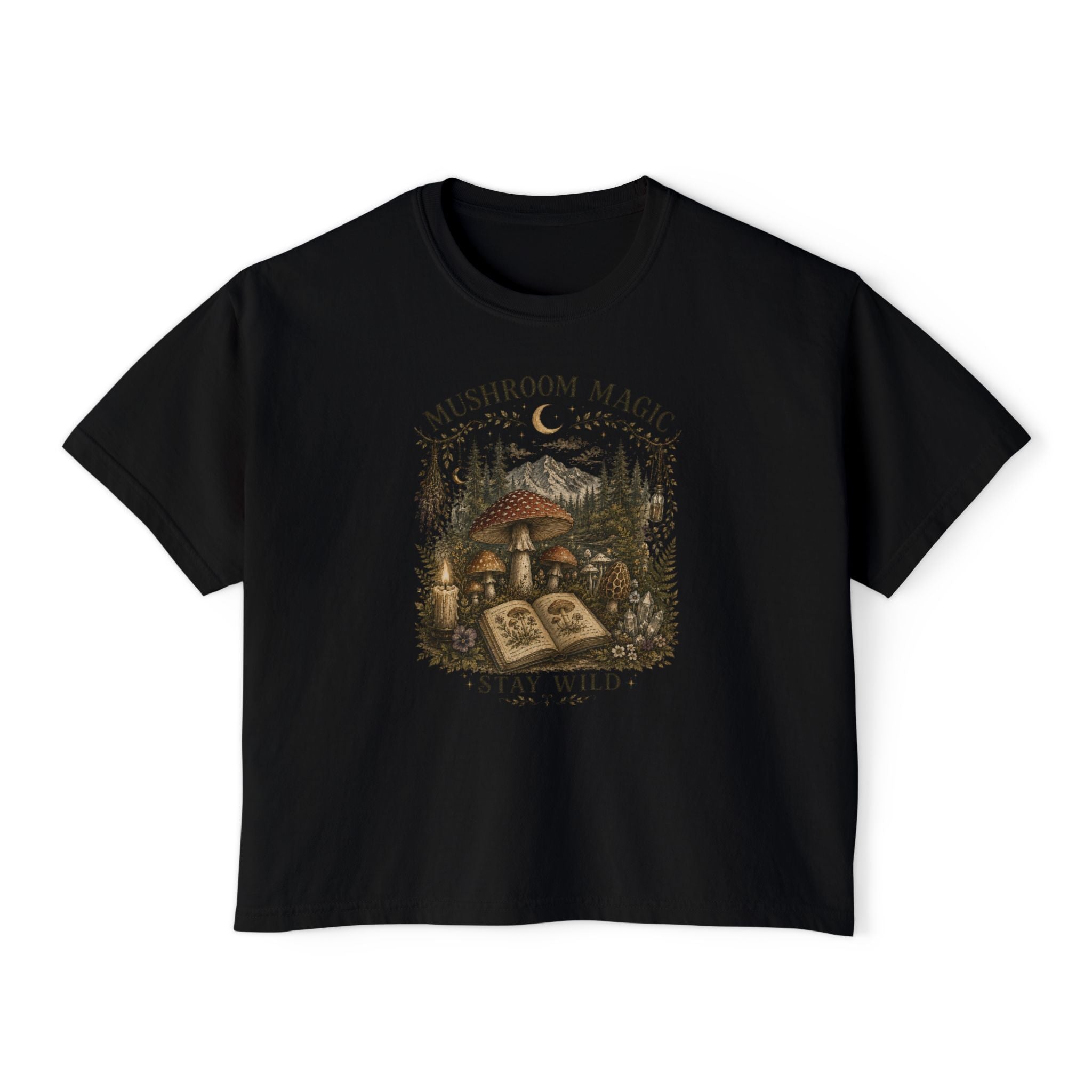 Kait's Hidden Hollow Women's Boxy Tee — Forest Cottage Retro Nature Graphic