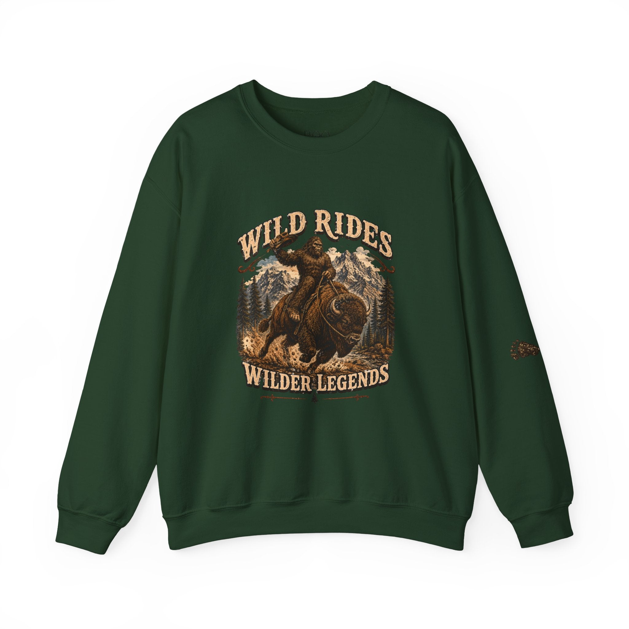 Wild Rides, Wilder Legends — Sasquatch Bison Rider, Crewneck Sweatshirt