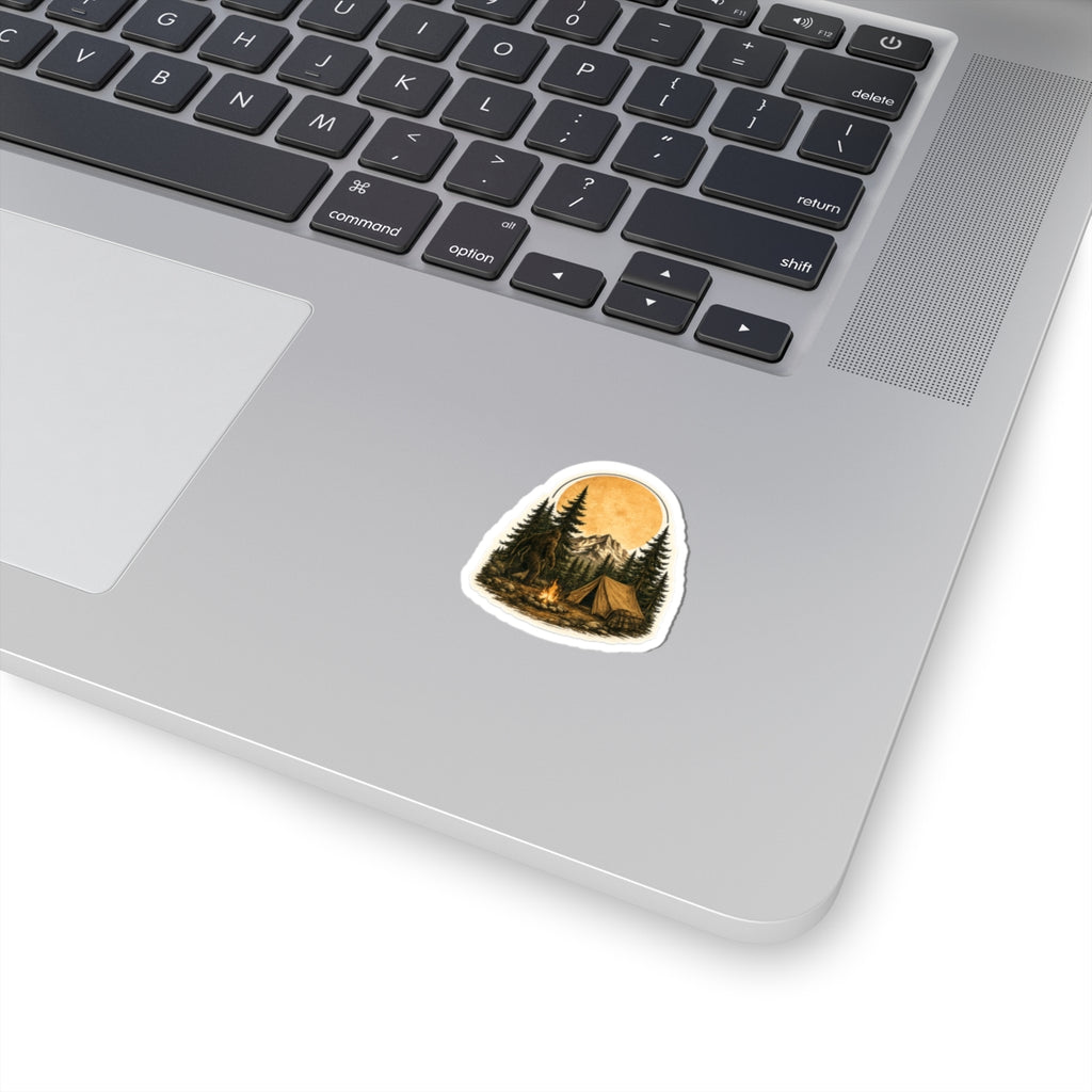 Camping Bigfoot Sticker — Vintage Mountain Campfire Vinyl Kiss-Cut