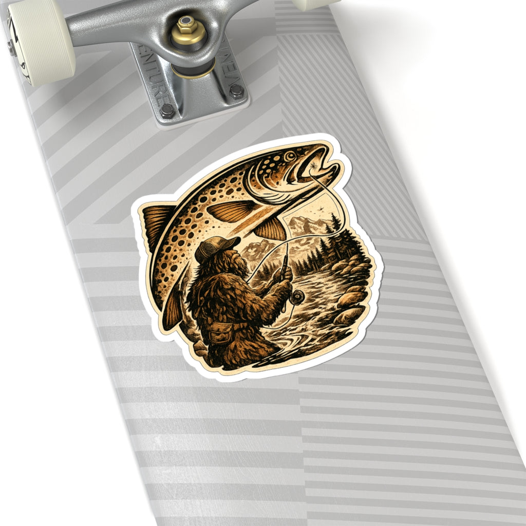Sasquatch Fly Fishing Trout Sticker — Vintage Trout Flyfishing Scene