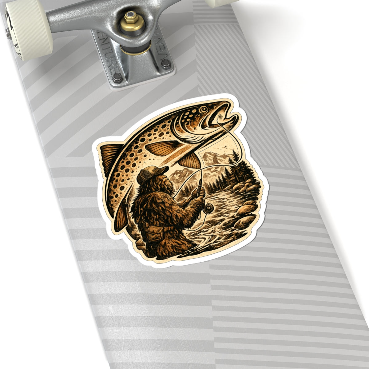 Sasquatch Fly Fishing Trout Sticker — Vintage Trout Flyfishing Scene
