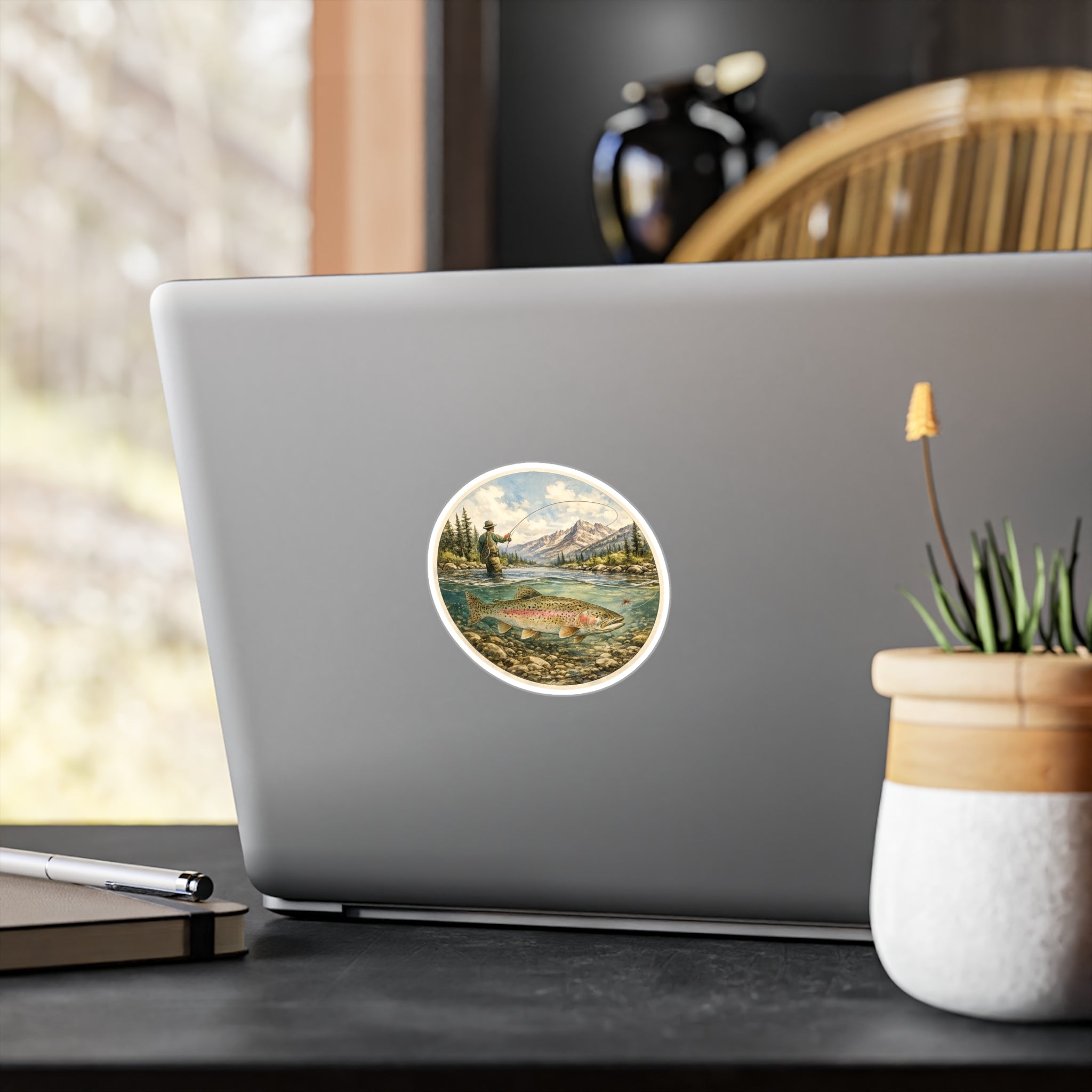 Trout Fly Fishing Sticker — Vintage Mountain River Vinyl Sticker — Kiss-Cut Decal
