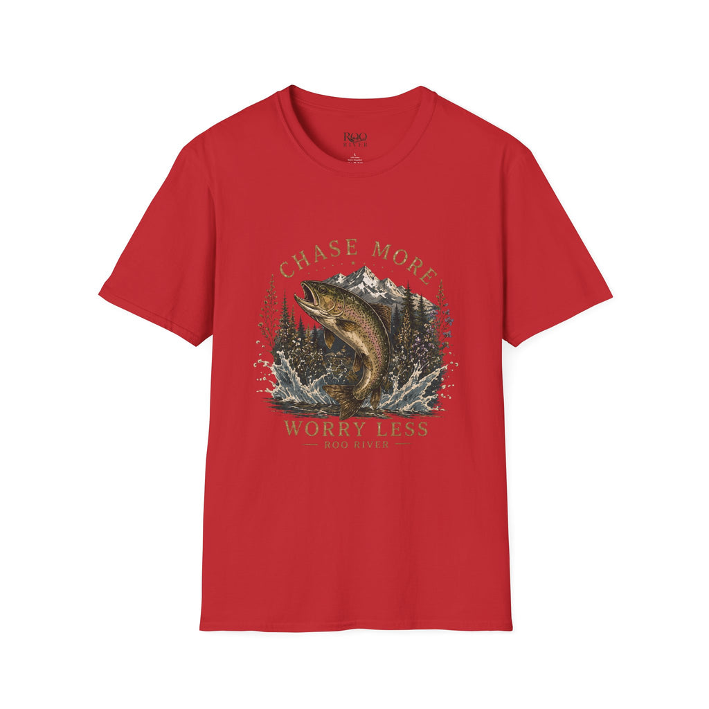 T-Shirt — Chase More, Worry Less Fishing Tee (Mountain Trout Design)