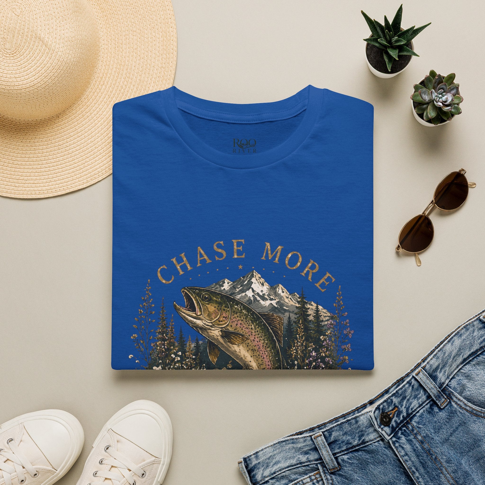 T-Shirt — Chase More, Worry Less Fishing Tee (Mountain Trout Design)