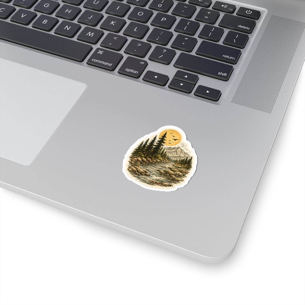 Mountain River Vinyl Sticker — Retro Wilderness Kiss-Cut Sticker
