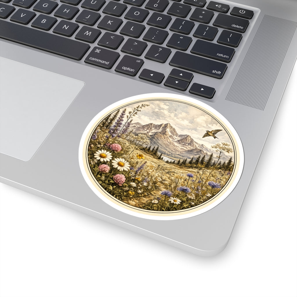 Vintage Meadow Mountain Sticker — Round  Kiss-Cut Scenic Sticker