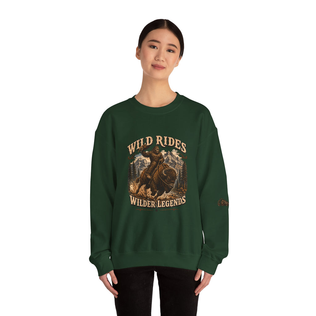 Wild Rides, Wilder Legends — Sasquatch Bison Rider, Crewneck Sweatshirt