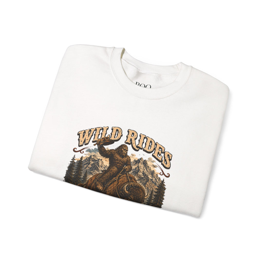 Wild Rides, Wilder Legends — Sasquatch Bison Rider, Crewneck Sweatshirt