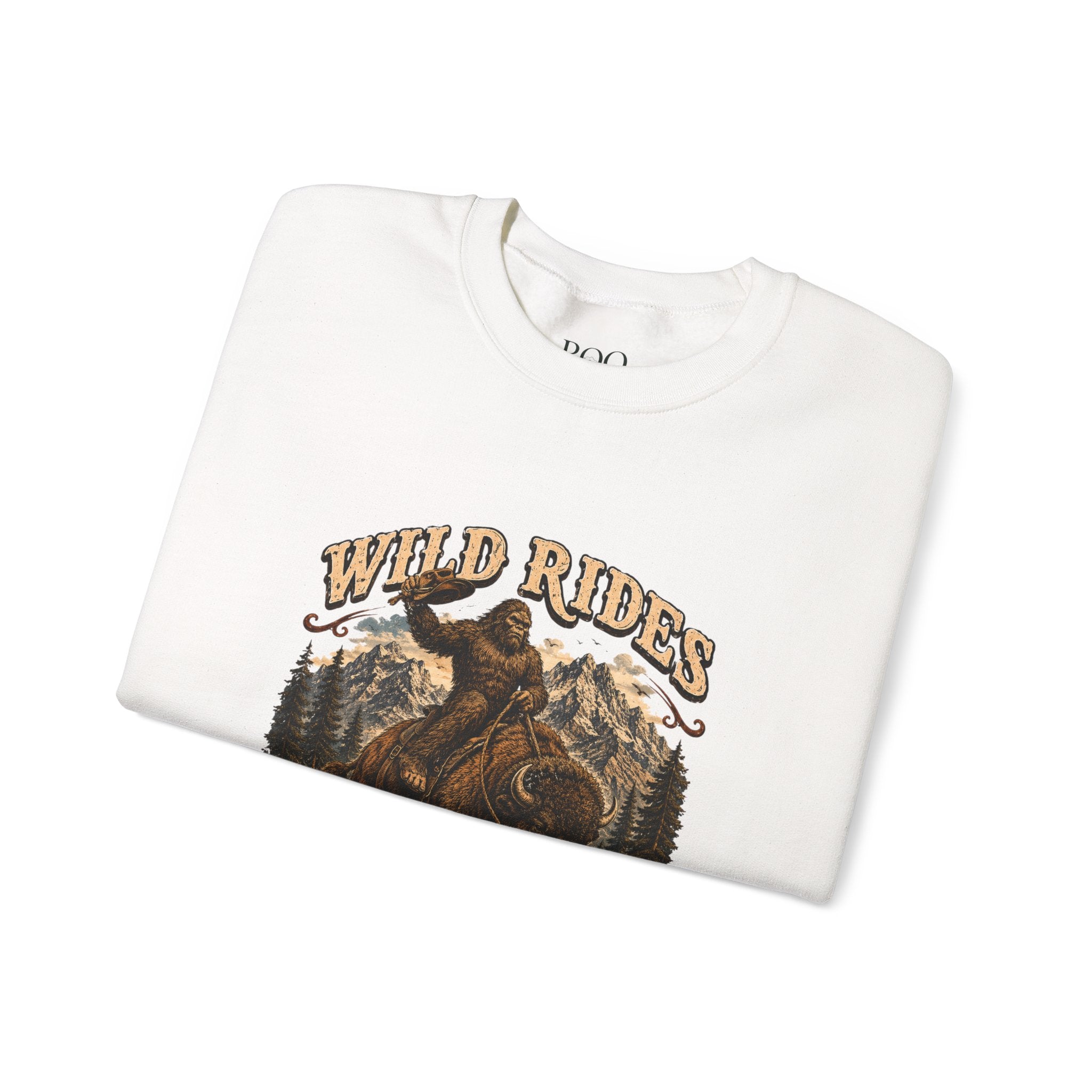 Wild Rides, Wilder Legends — Sasquatch Bison Rider, Crewneck Sweatshirt