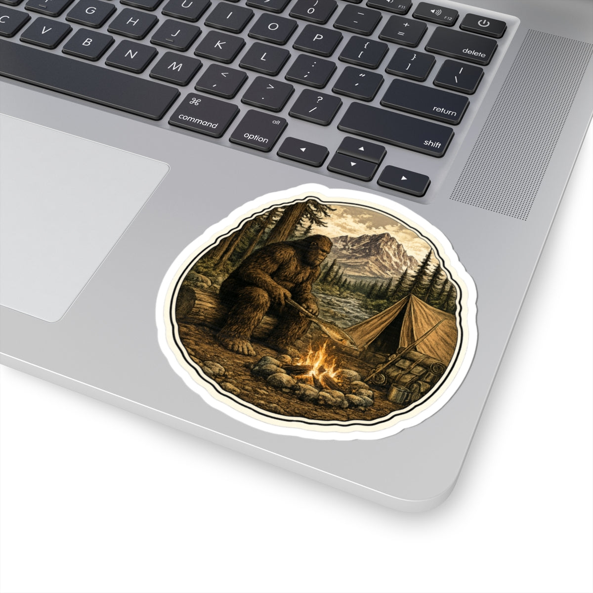Sasquatch Campfire Dinner Sticker — Sasquatch by Campfire Outdoor Decal
