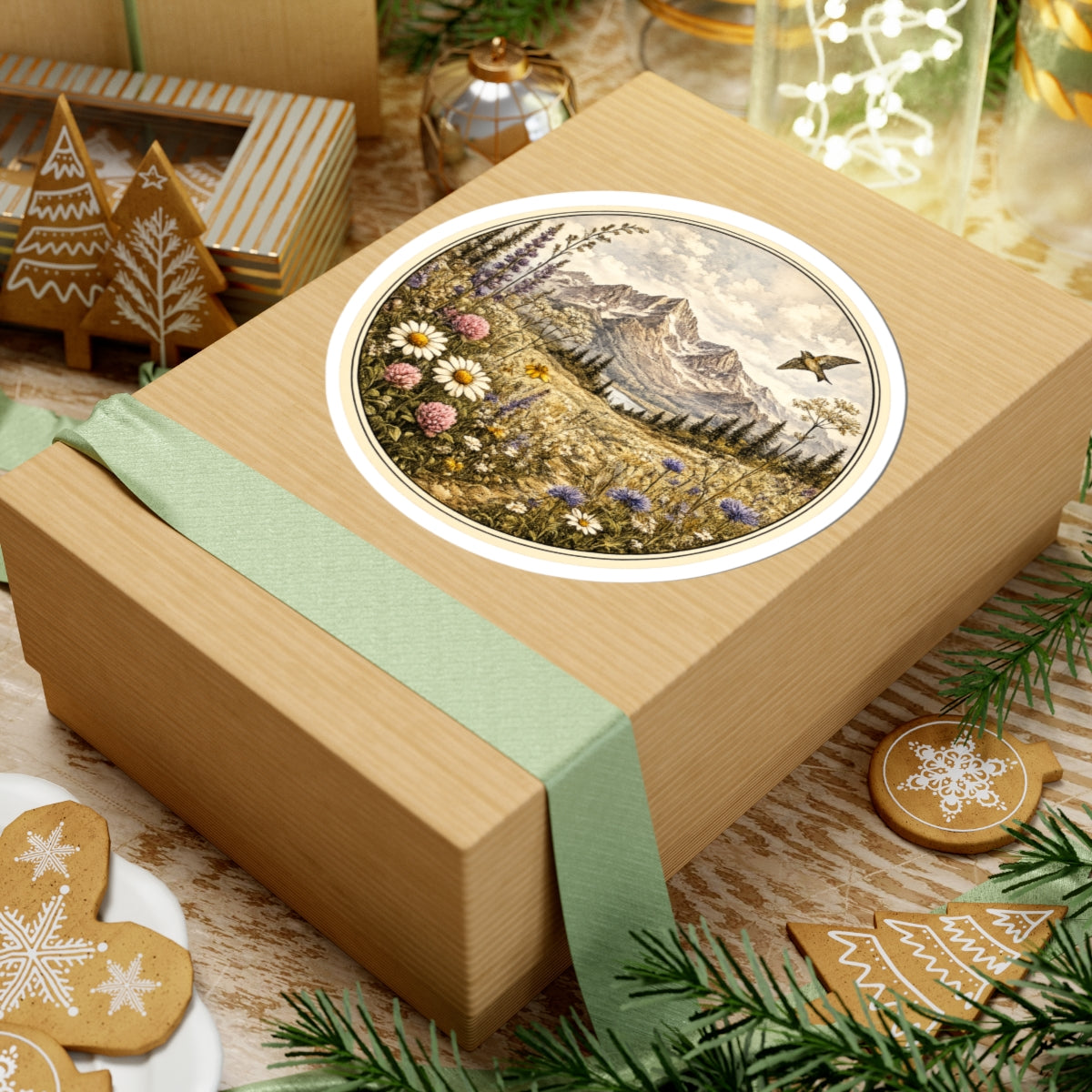 Vintage Meadow Mountain Sticker — Round  Kiss-Cut Scenic Sticker
