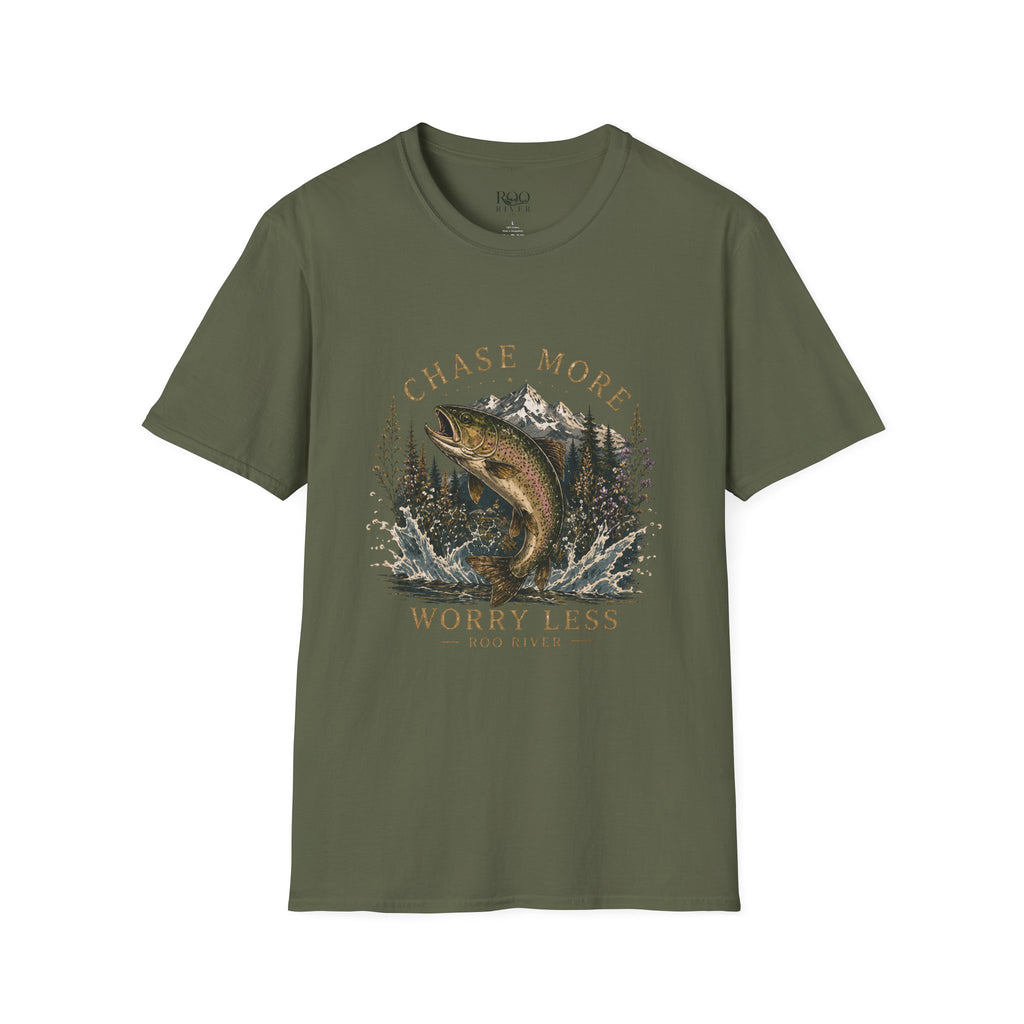 T-Shirt — Chase More, Worry Less Fishing Tee (Mountain Trout Design)