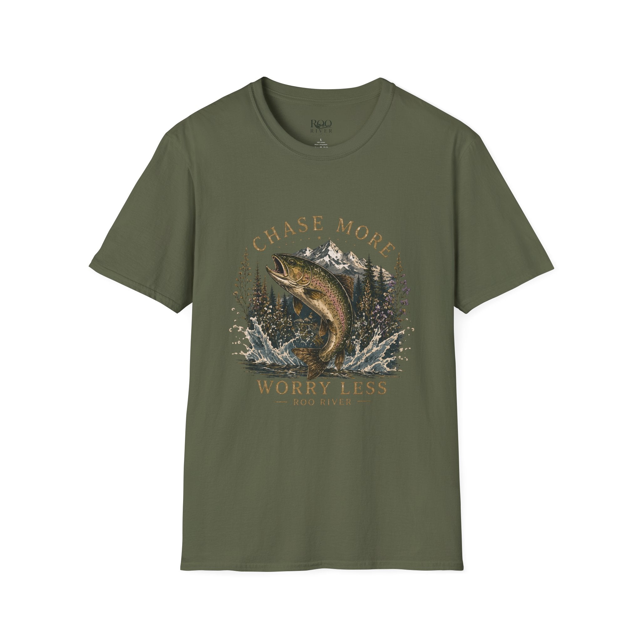 T-Shirt — Chase More, Worry Less Fishing Tee (Mountain Trout Design)
